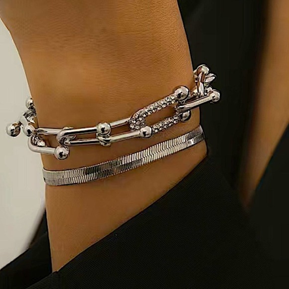 Sterling Silver U Link Rhinestone Multilayer Two Piece Herringbone Bracelet - Picture 1 of 5